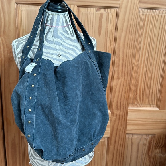 STEVE MADDEN TRIXI COW SUEDE TOTE WITH GOLD STUDS NWT - BLUE SLATE - Picture 9 of 16